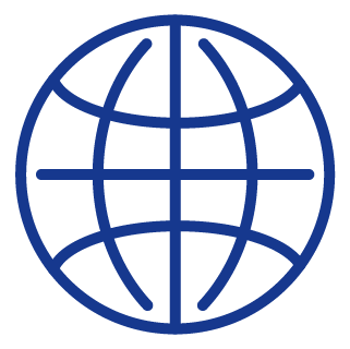 Icono de un globo terráqueo con líneas de latitud y longitud, simboliza visión global e internacionalización.